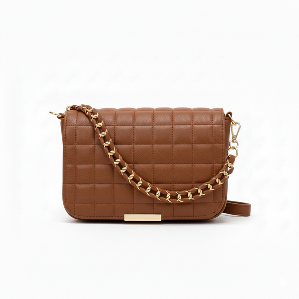 Brown Quilted Chain Crossbody Bag